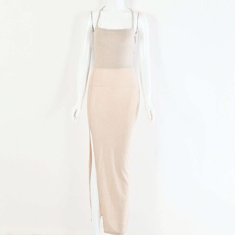 Women’s High-Waist Tight Suspender Skirt with Side Slit