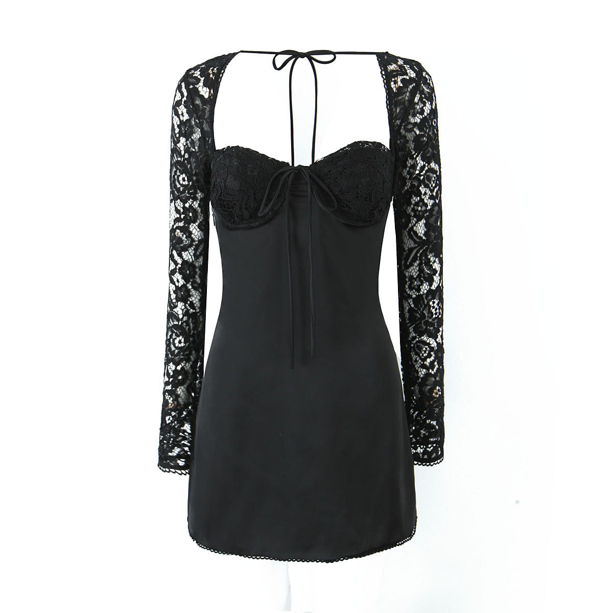 Lace-Sleeve Back-Tied Dress