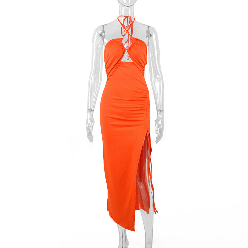 Y2K Halter neck Lace-Up Split Maxi Dress