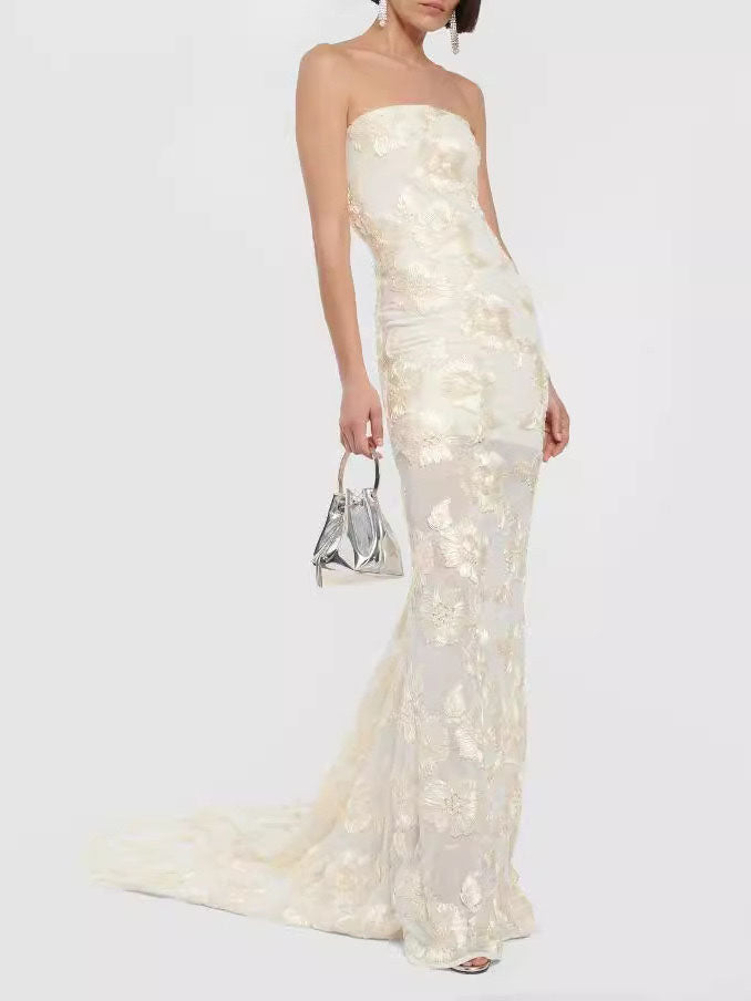 Strapless Floral Lace Mermaid Gown