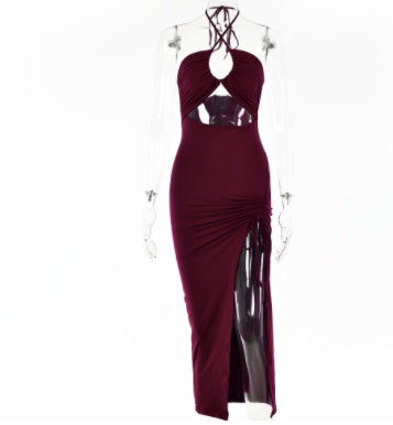 Y2K Halter neck Lace-Up Split Maxi Dress
