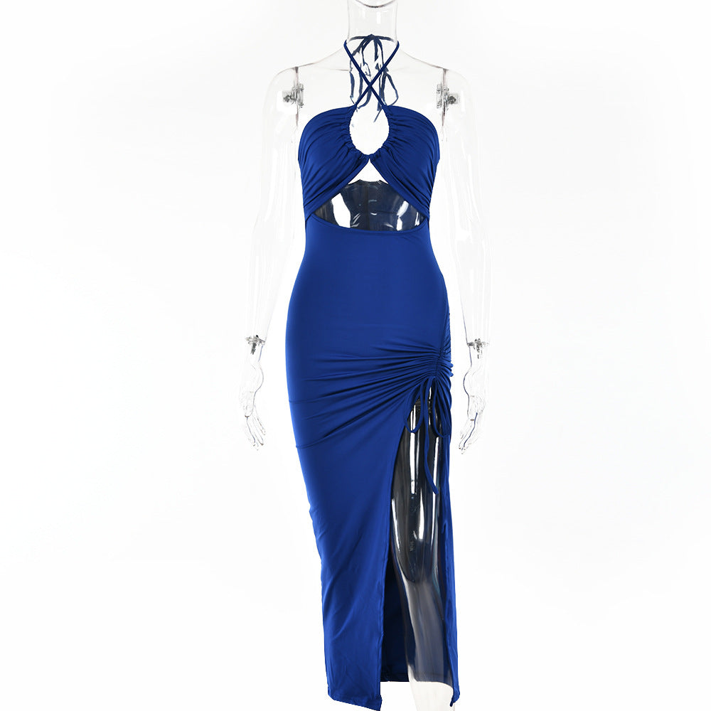 Y2K Halter neck Lace-Up Split Maxi Dress