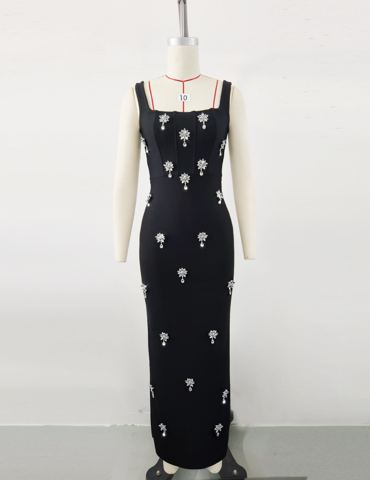 Diamond-Trim Square Collar Bandage Dress