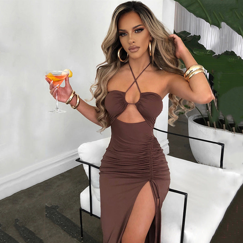Y2K Halter neck Lace-Up Split Maxi Dress