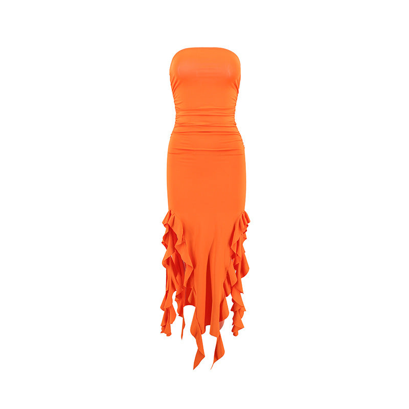Women’s Ruffled Tube Top Dress with Side Slit