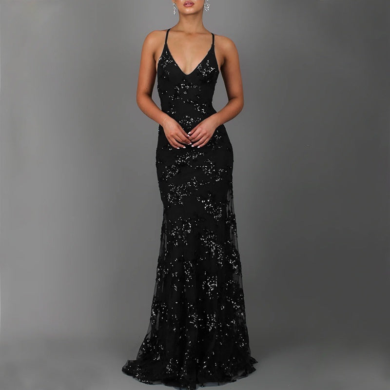 Sequined Backless Lace-Up Gown