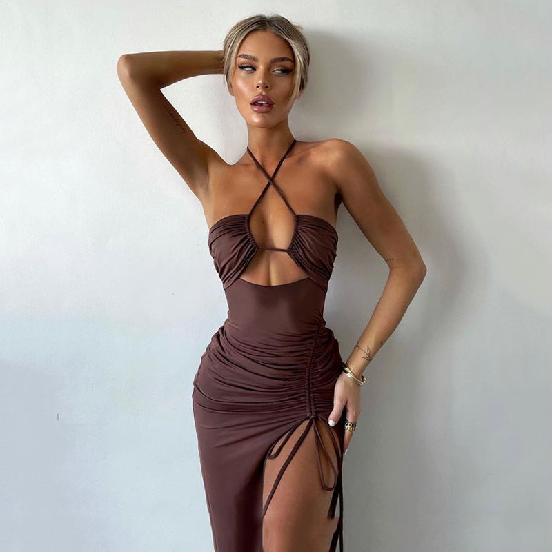 Y2K Halter neck Lace-Up Split Maxi Dress