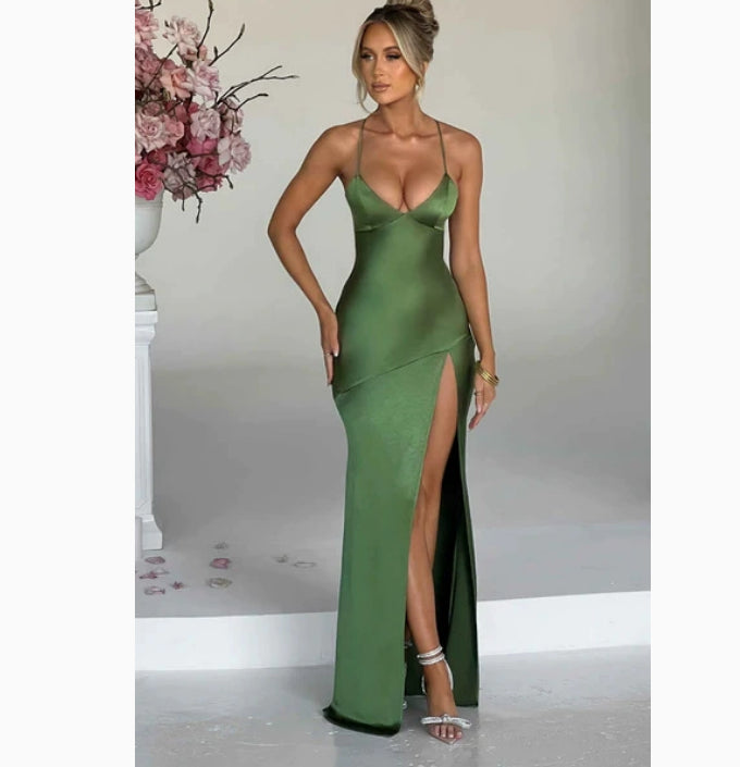 Women’s V-Neck Brace Backless Maxi Dress with High Slit