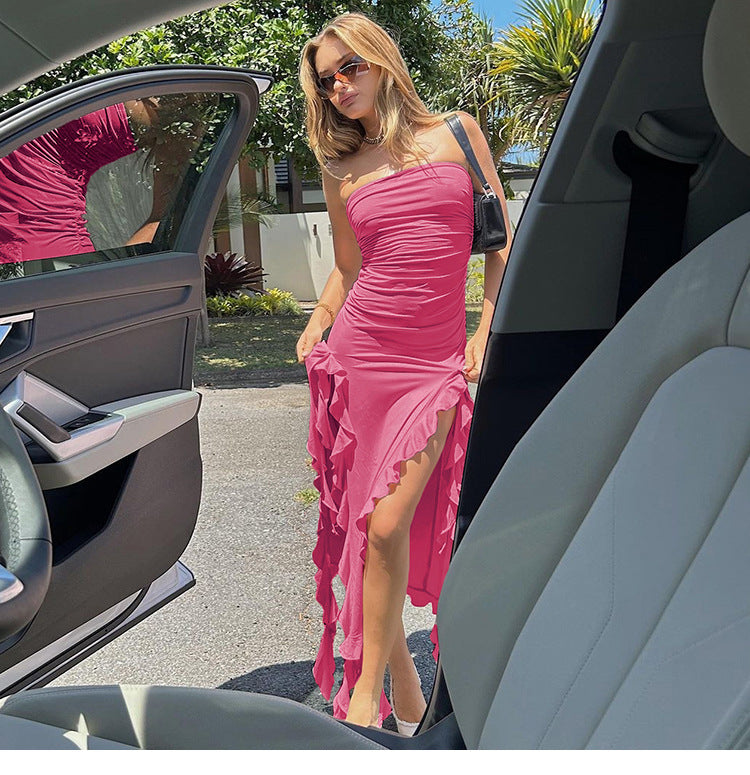 Women’s Ruffled Tube Top Dress with Side Slit