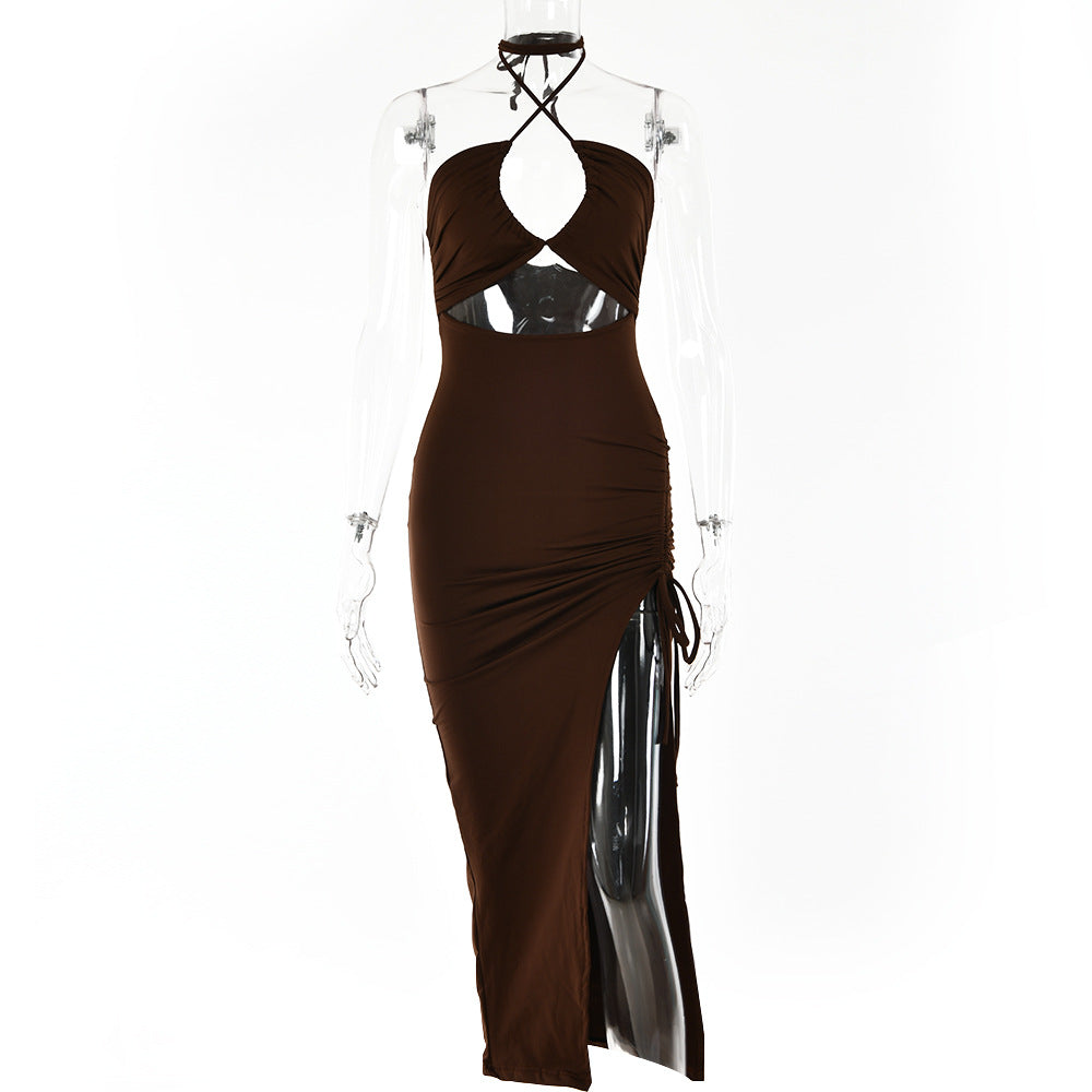 Y2K Halter neck Lace-Up Split Maxi Dress