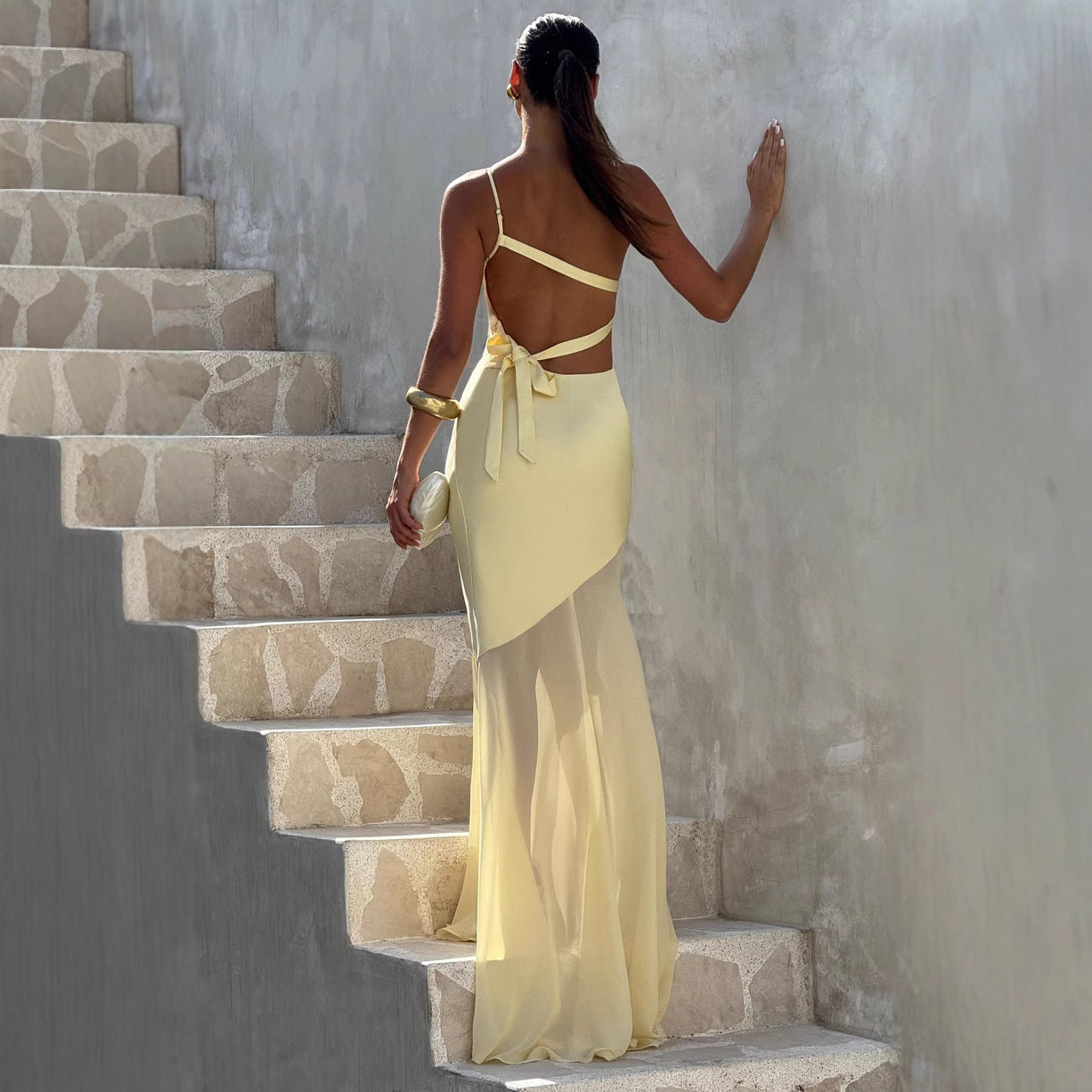 Mesh Figure-Hugging Tie-Up Maxi