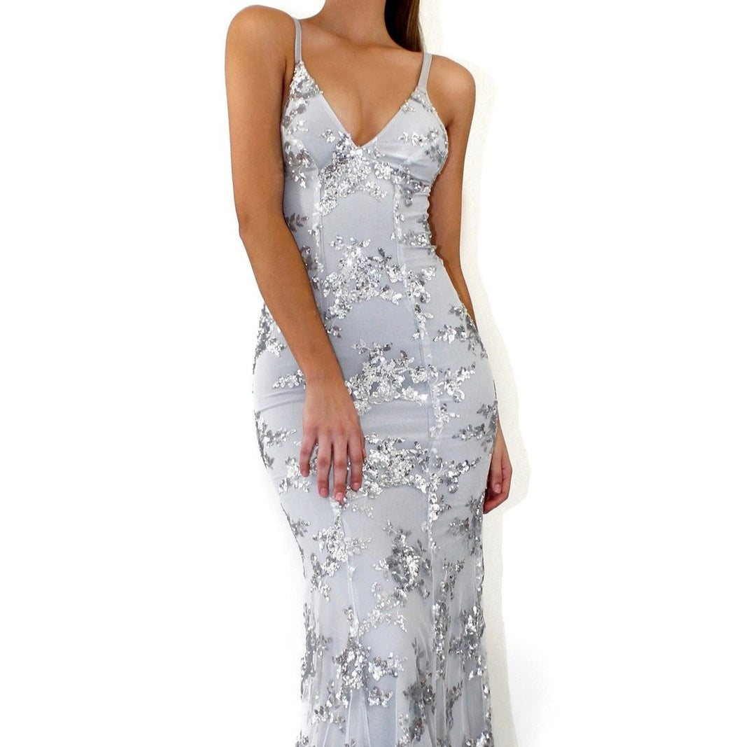 Sequined Backless Lace-Up Gown