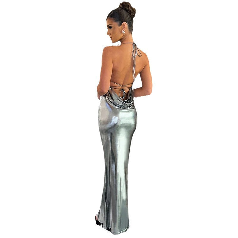 Women’s Glossy Metallic Halter Gown