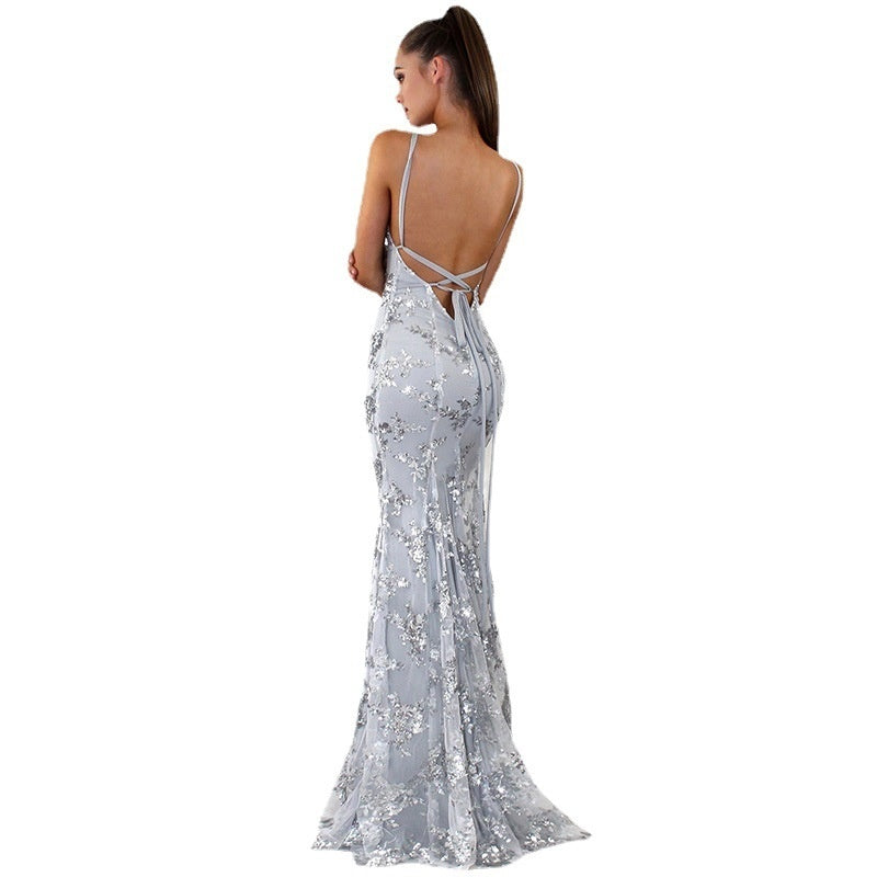 Sequined Backless Lace-Up Gown