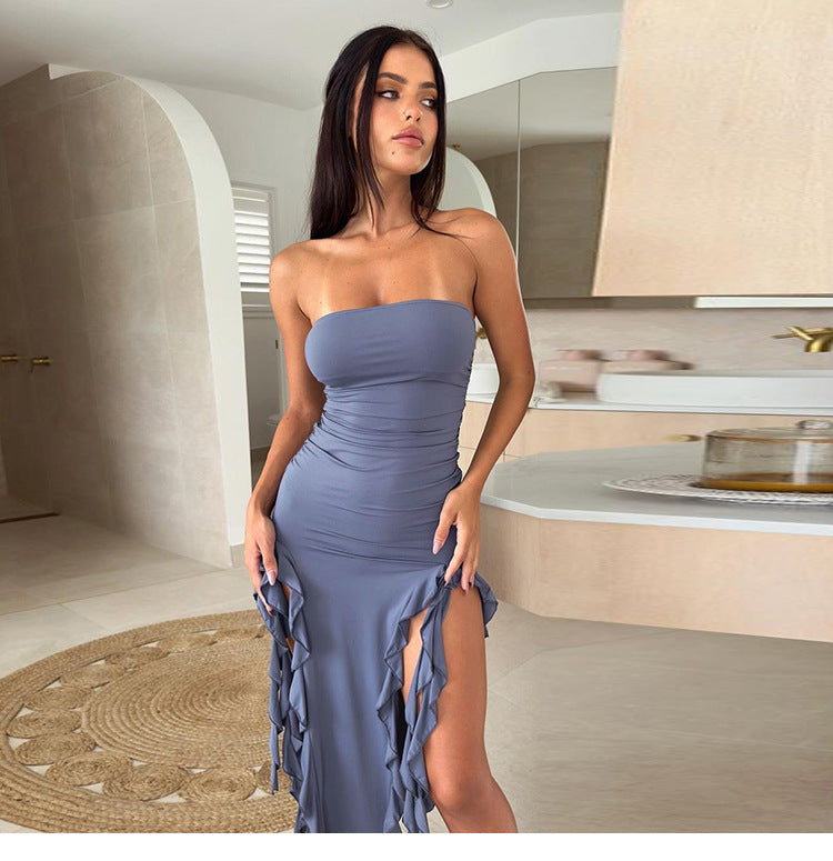 Women’s Ruffled Tube Top Dress with Side Slit