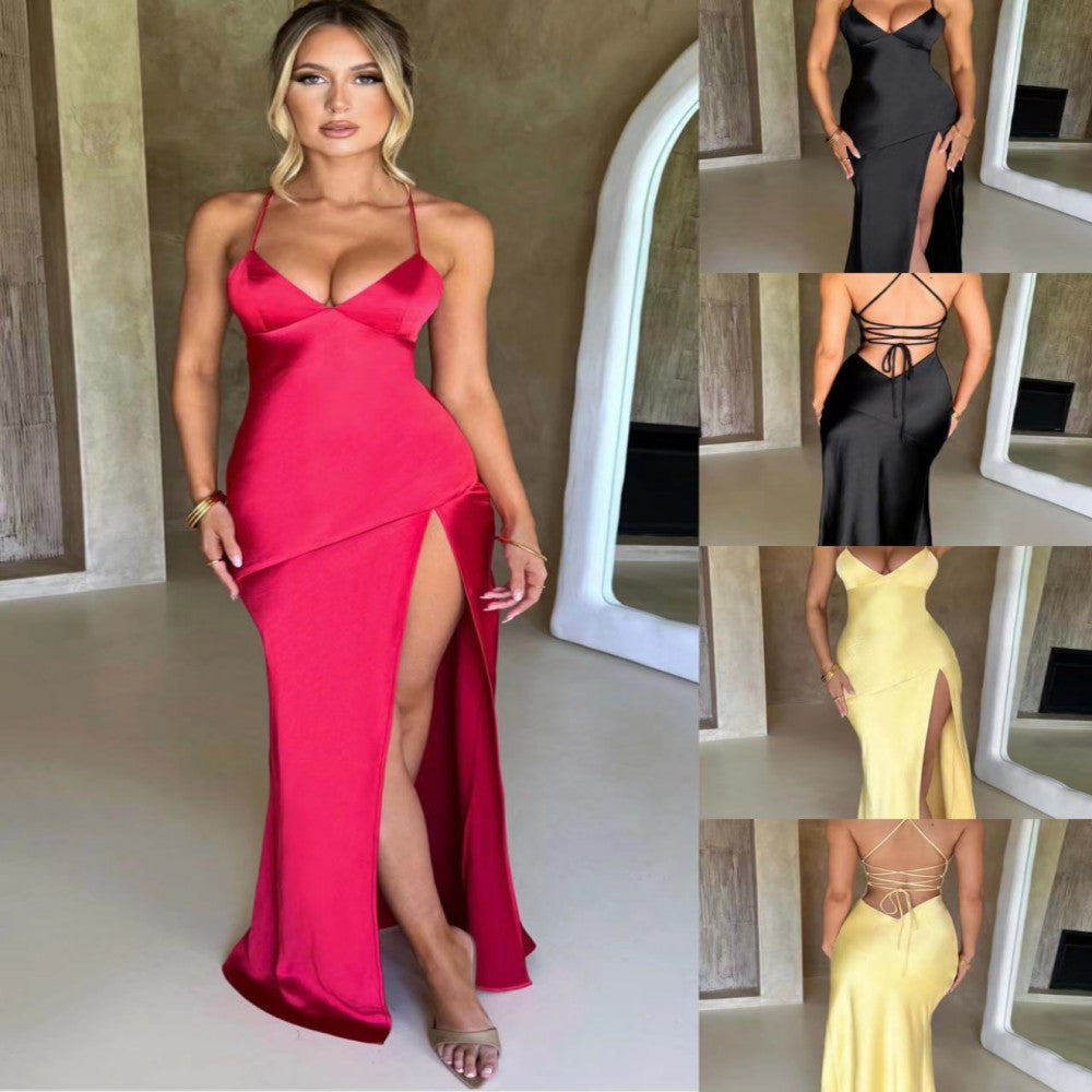 Women’s V-Neck Brace Backless Maxi Dress with High Slit