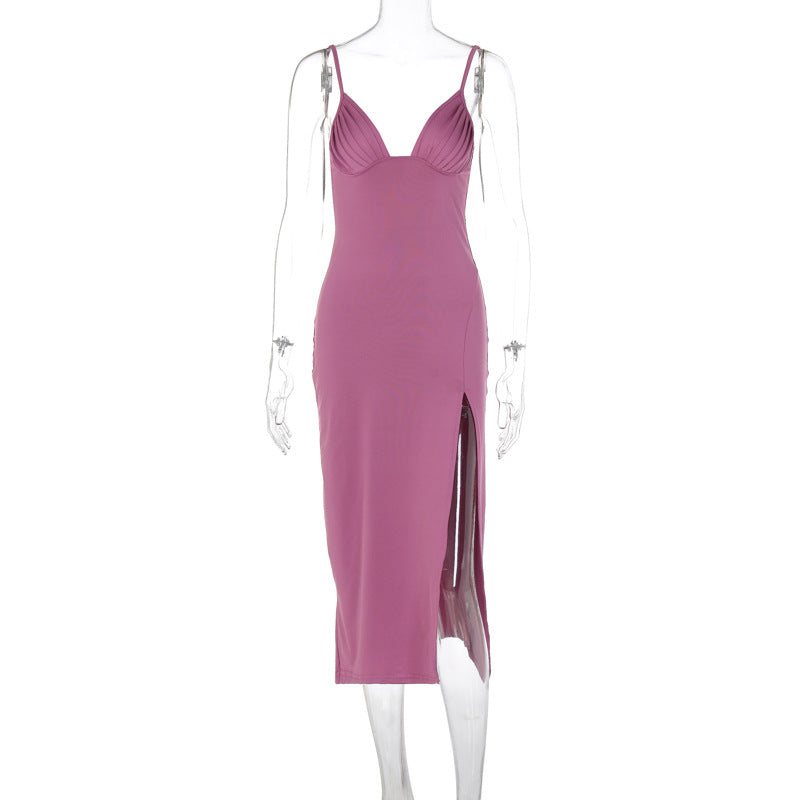 Deep V-Neck Backless Bodycon Dress with Side Split