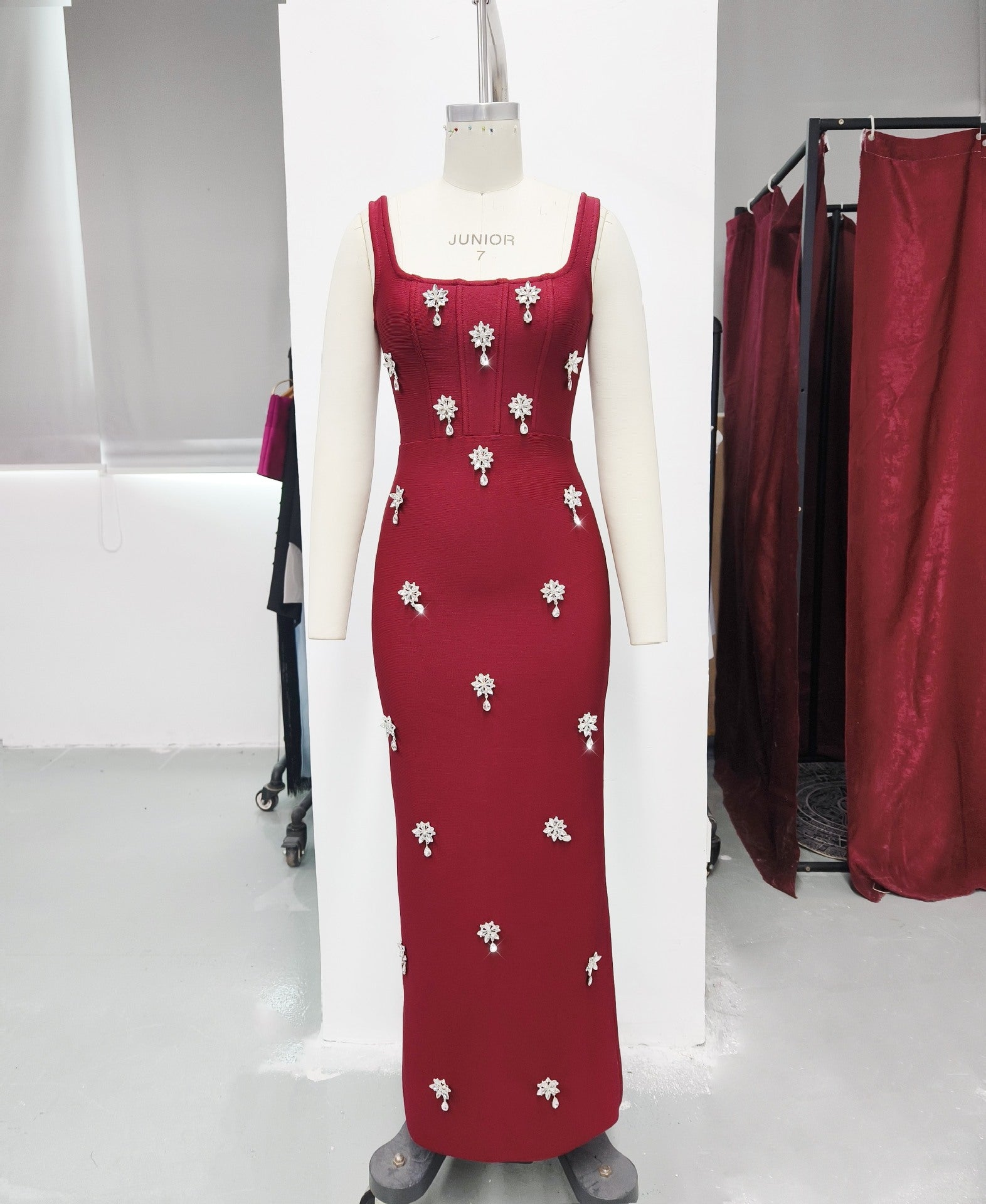 Diamond-Trim Square Collar Bandage Dress