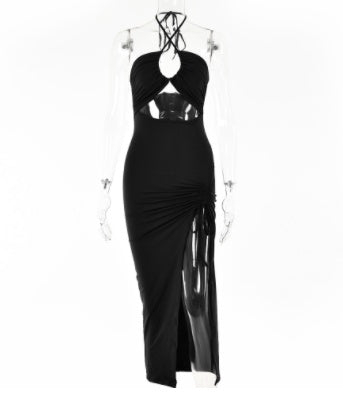Y2K Halter neck Lace-Up Split Maxi Dress