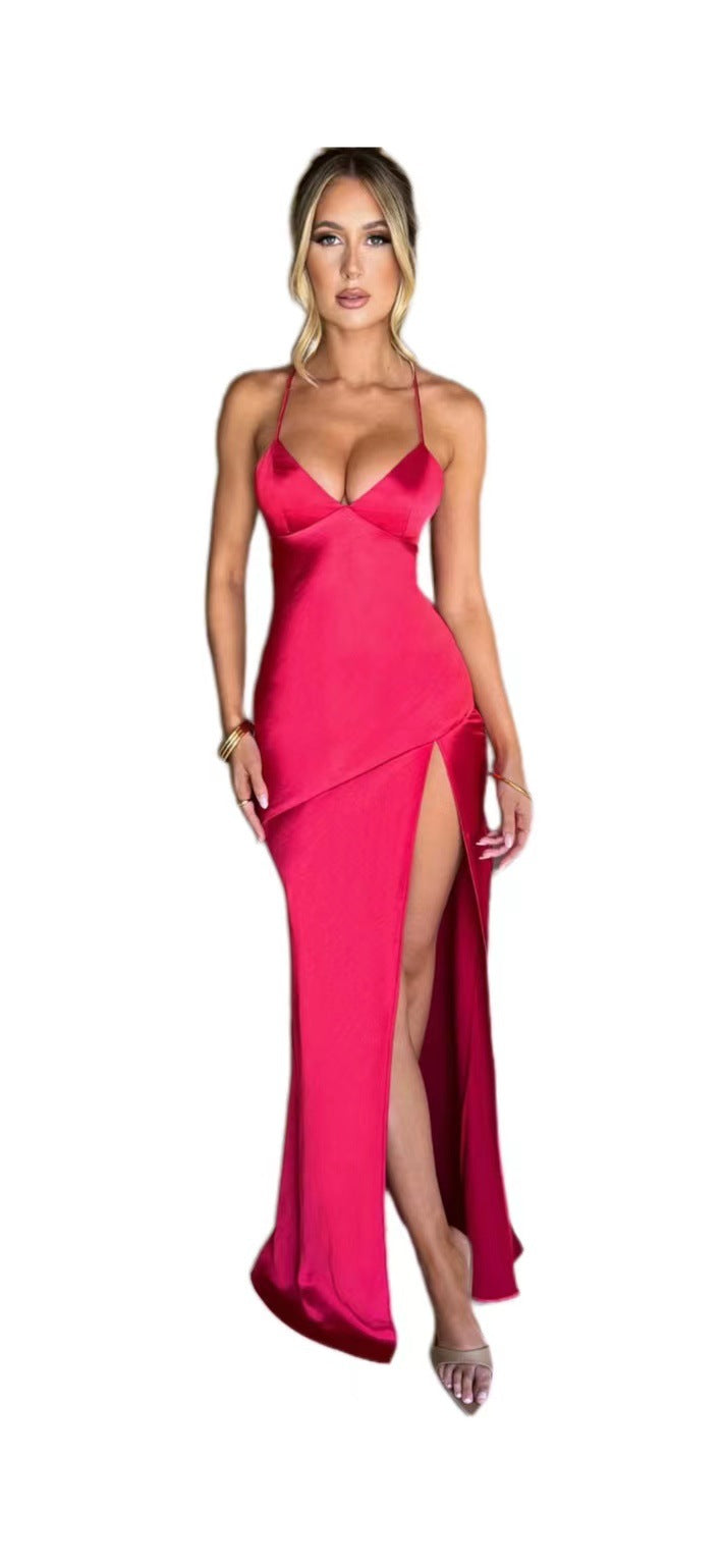 Women’s V-Neck Brace Backless Maxi Dress with High Slit