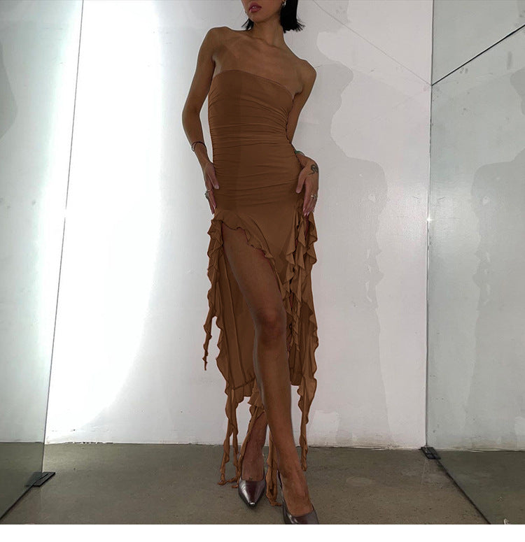 Women’s Ruffled Tube Top Dress with Side Slit