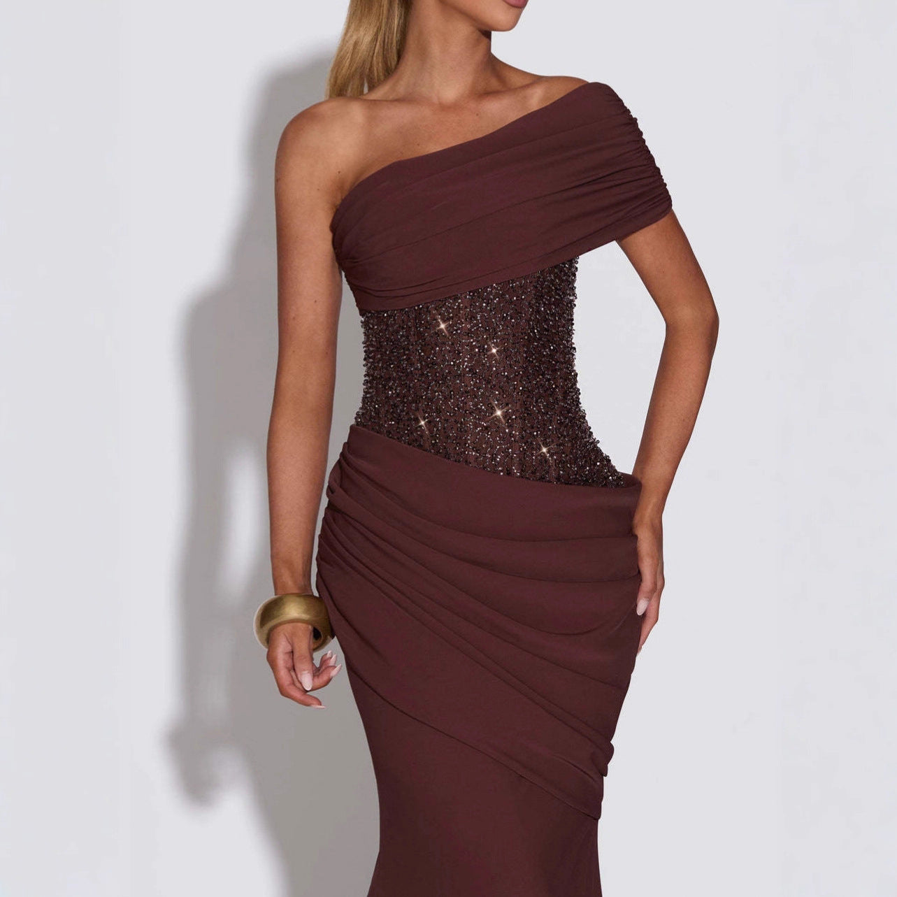 Oblique-Neck Backless Slim Dress